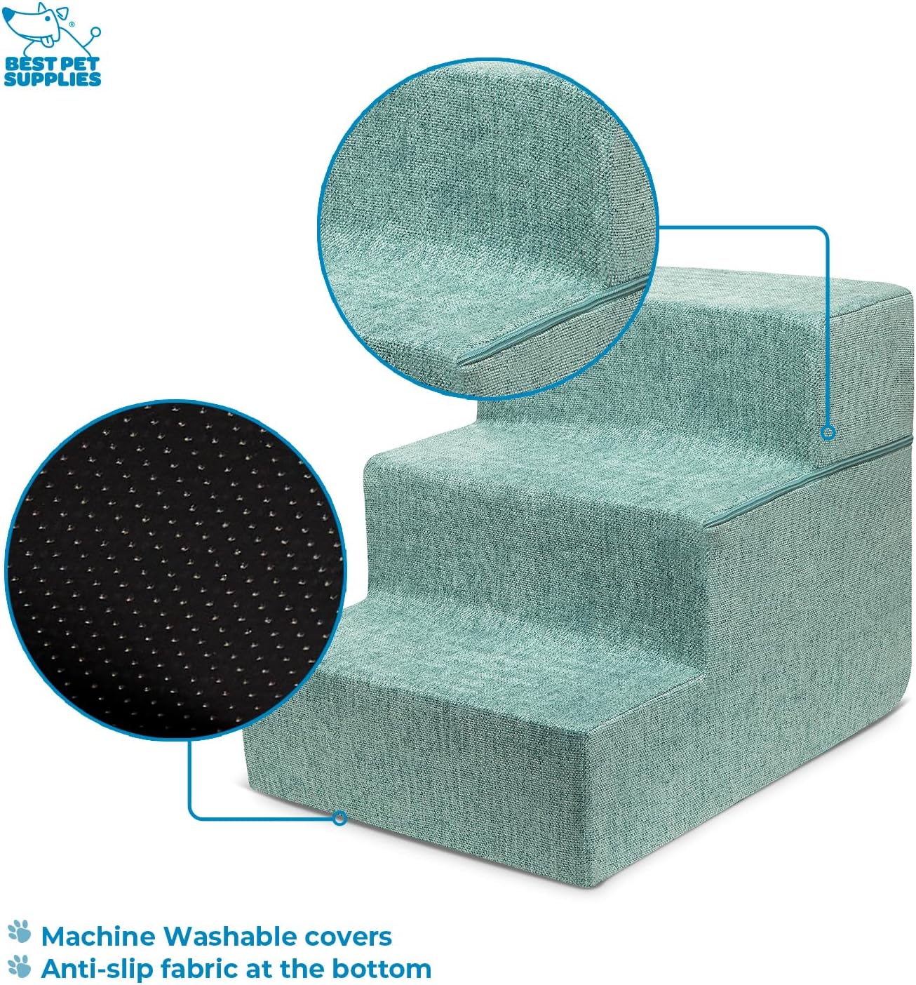 Best Pet Supplies Dog Stairs & Steps - Foam Steps for Small Dogs & Cats, Non-Slip Indoor Balanced Pet Step Support, Dog Ramp, No Assembly, Pale Teal, 3-Step (13.5-inch Height)