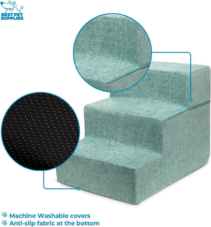 Best Pet Supplies Dog Stairs & Steps - Foam Steps for Small Dogs & Cats, Non-Slip Indoor Balanced Pet Step Support, Dog Ramp, No Assembly, Pale Teal, 3-Step (13.5-inch Height)