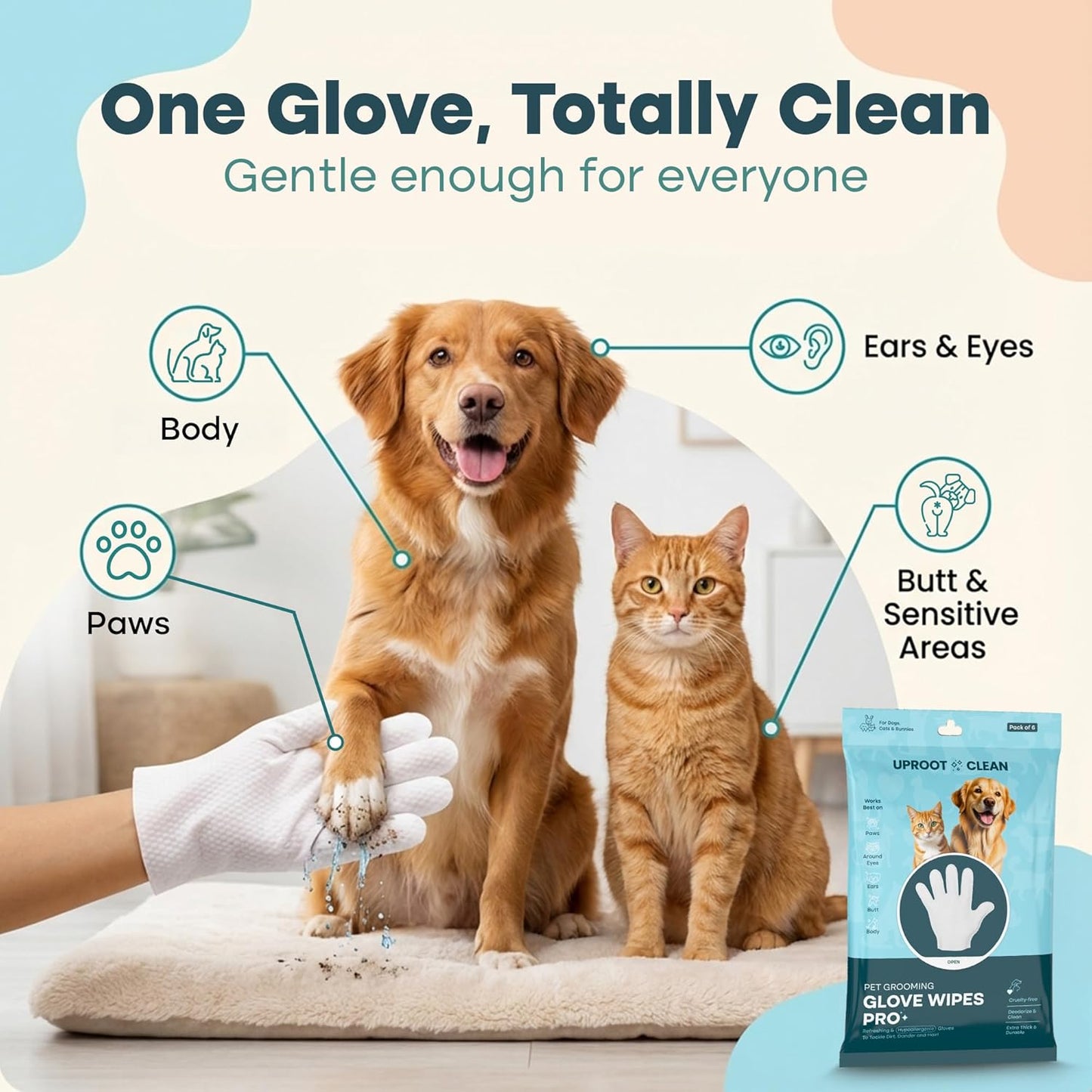 Uproot QuickClean Gloves Pro: Extra-Thick Pet Glove Wipes for Dogs & Cats - Easy Wipe Paws, Eyes, Ears, Butt, & Body - Lick-Safe for Cats & Dogs - Cleaning, Deodorizing & Grooming (20 Pack)