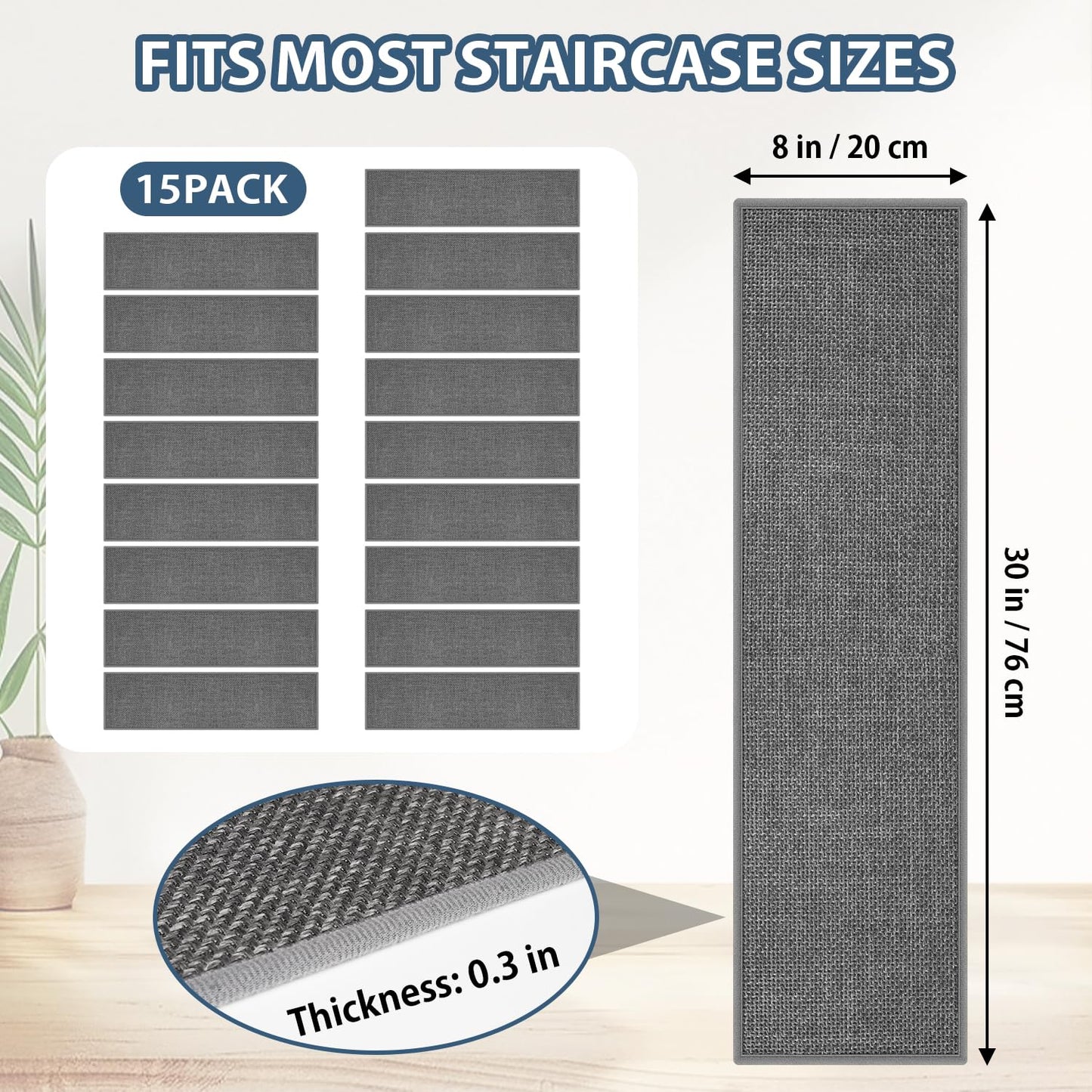 Peel and Stick Adhesive Stair Treads for Wooden Steps Indoor Set of 15 Pack, Rubber Backed Non Slip Jute Stair Rug Step Pads for Pet Dog, Elders and Kids, Beige
