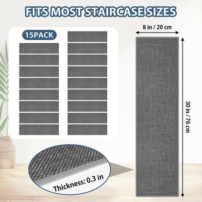 Peel and Stick Adhesive Stair Treads for Wooden Steps Indoor Set of 15 Pack, Rubber Backed Non Slip Jute Stair Rug Step Pads for Pet Dog, Elders and Kids, Beige