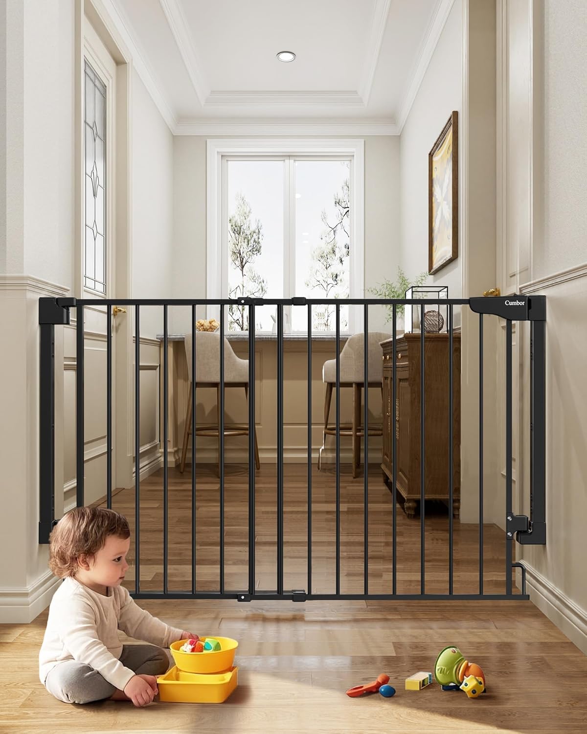 Cumbor 29.2–43" Baby Gate for Stairs, Hardware Mounted (Drill Required), Expandable No Bottom Bar Dog Gate, Auto Close Extra Wide Walk Thru, Pet & Toddler Proof Gate, Top & Bottom of Stairways(Black)