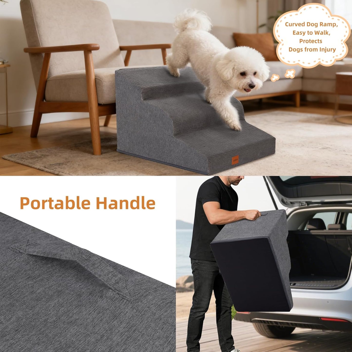 Dog Stairs for Small Dogs and Cats, 15.7" H, 3-Step Curved Pet Ramp for Couch Sofa and Chair, Non-Slip Medium Pet Steps with High Density Foam, Beige