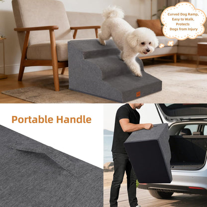 Dog Stairs for Small Dogs and Cats, 15.7" H, 3-Step Curved Pet Ramp for Couch Sofa and Chair, Non-Slip Medium Pet Steps with High Density Foam, Beige