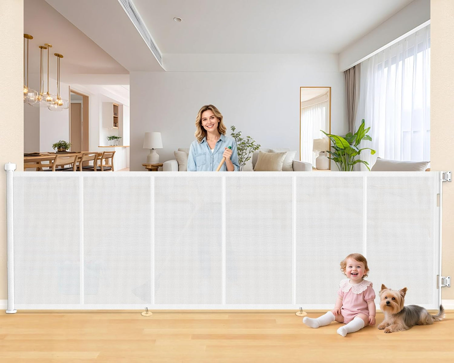 Upgrade 120 inch Retractable Baby Gates, EZIGO Extra Wide Baby Gate for Large Opening Extra Long Mesh Gate for Kids or Pet Dog Gate Child Safety Gate for Stairs Hallways Doorway Indoor Outdoor, Gray