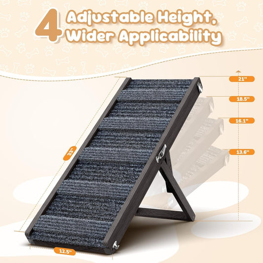 Pawaboo Foldable Dog Ramp, Small Dog Ramp for Couch, 4 Adjustable Height from 13'' to 21", Stable Pet Steps with Non-Slip Pad, Portable Pet Ramps Use for Couch Sofa Stairs, Wood