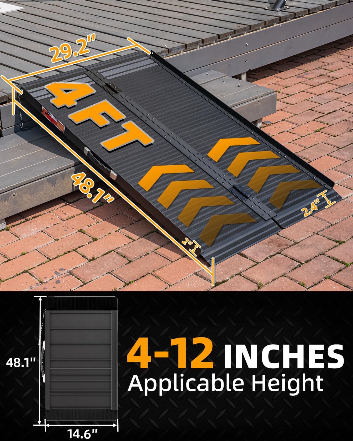VNN Portable Wheelchair Ramp 4FT, Non-Slip Aluminum Ramps for Wheelchairs for Home, Handicap Wheelchair Ramps for Home Steps, Aluminum Loading Dock Plates, Doorways, Black
