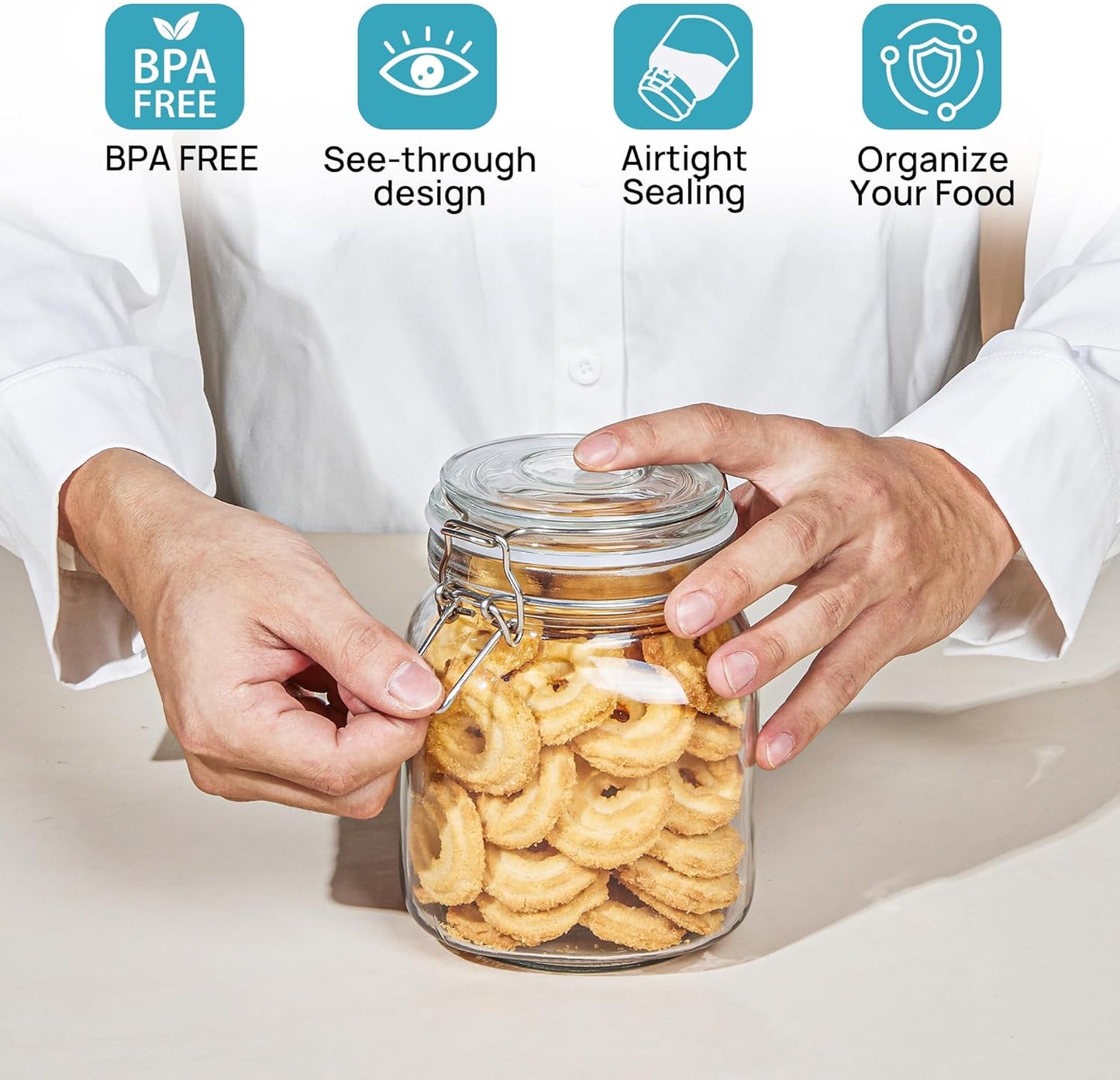 Vtopmart 78oz Glass Food Storage Jars with Airtight Clamp Lids, 3 Pack Large Kitchen Canisters for Flour, Cereal, Coffee, Pasta and Canning, Square Mason Jar with 8 Chalkboard Labels