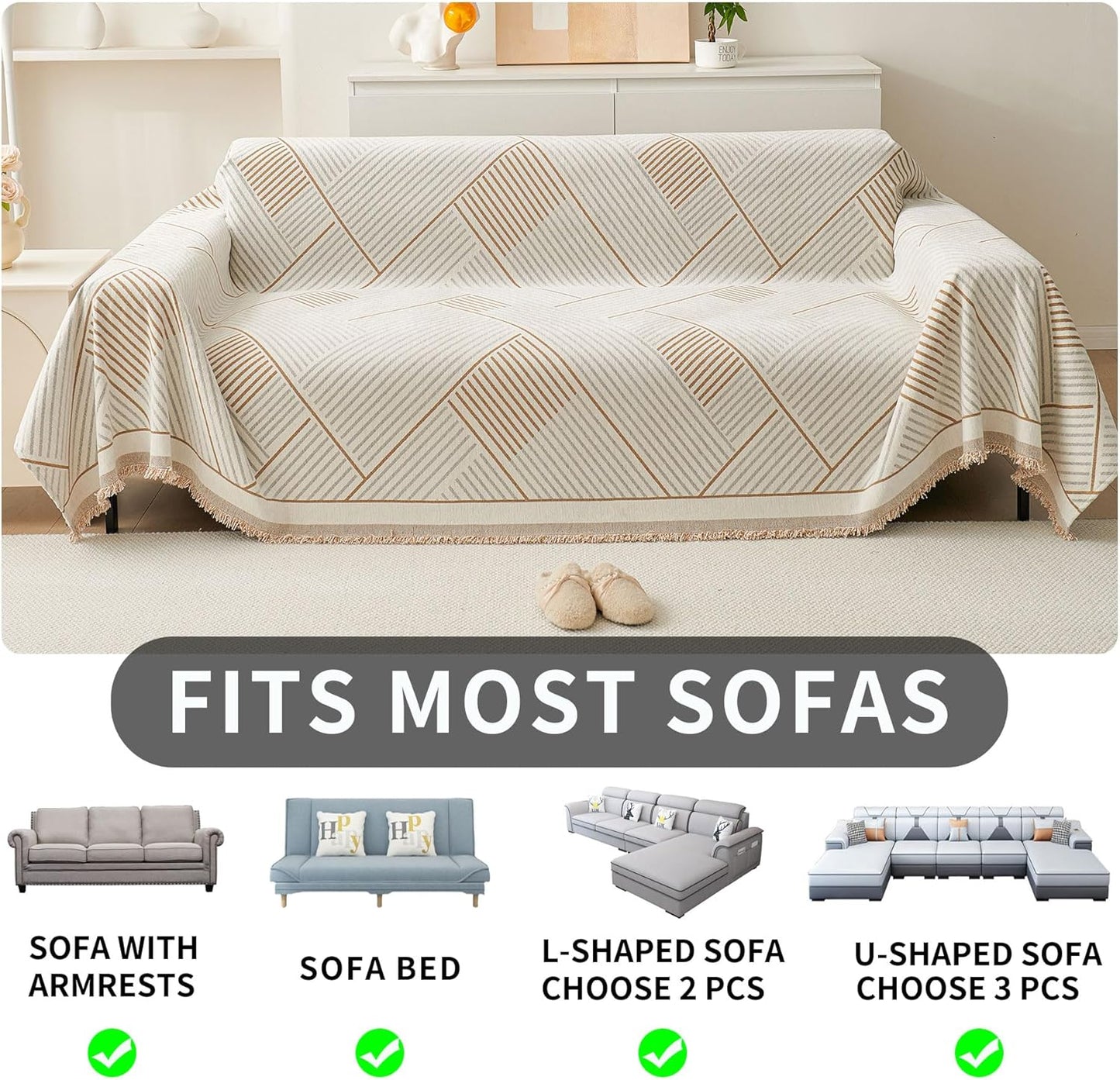 HAOMAIJIA Non Slip Couch Cover Sofa Covers for 3 Cushion Couch Washable sectional Couch Covers for Dogs pet Furniture Protector Couch Cover Blanket for Living Room (Off White, 91"x134")