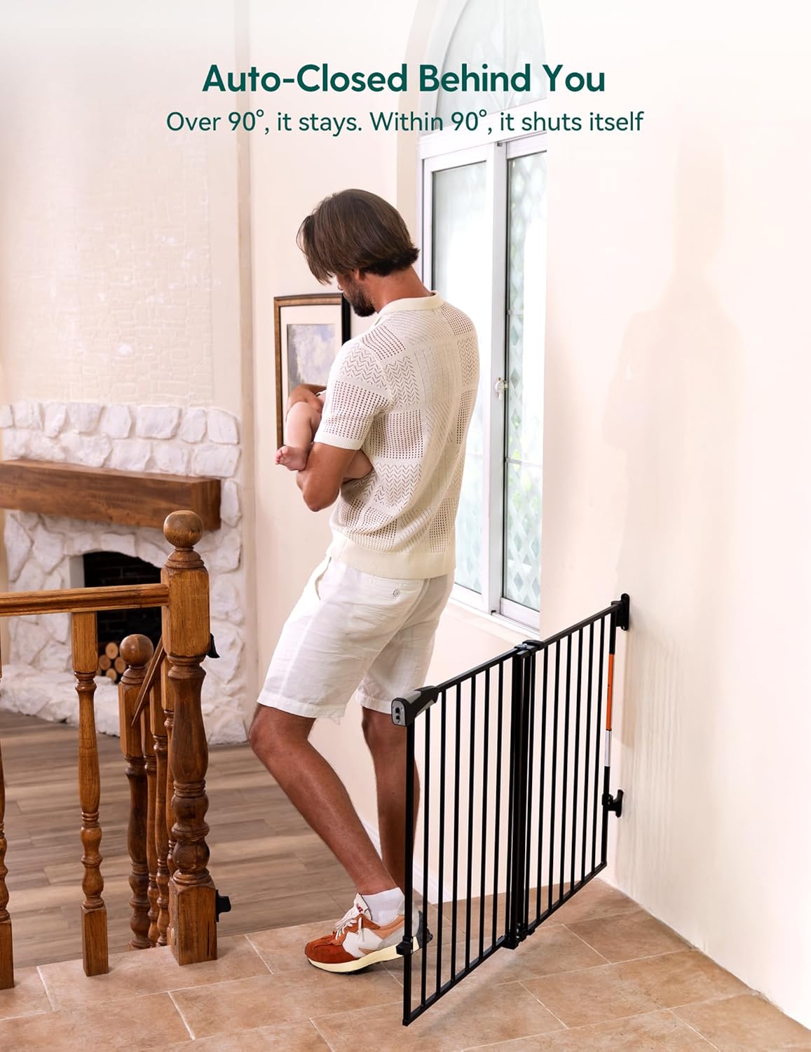 Babelio Baby Gate for Stairs, Kitchen & Doorways, 26-43" W 28" H No Bottom Bar| Easy Installation| One-Handed Operation| Auto-Close| Hardware Mount (Drill Needed) Safety Dog/Pet Gate Indoor (White)