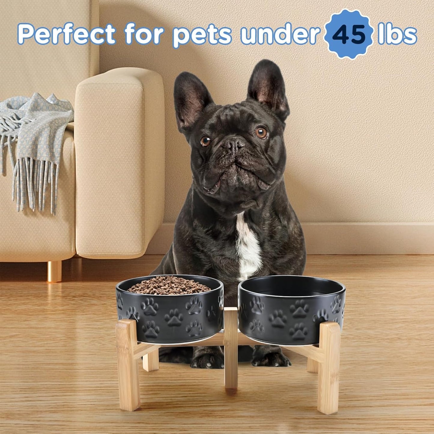 SPUNKYJUNKY Elevated Dog Bowls Ceramic, 6.1'' Dogs and Cat Food Water Bowls Raised with Non-Slip Bamboo Stand for Medium Sized Breed Microwave Dishwasher Safe - 28.7 OZ,Beige