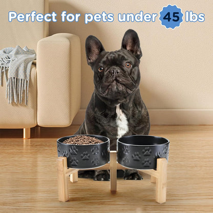 SPUNKYJUNKY Elevated Dog Bowls Ceramic, 6.1'' Dogs and Cat Food Water Bowls Raised with Non-Slip Bamboo Stand for Medium Sized Breed Microwave Dishwasher Safe - 28.7 OZ,Beige