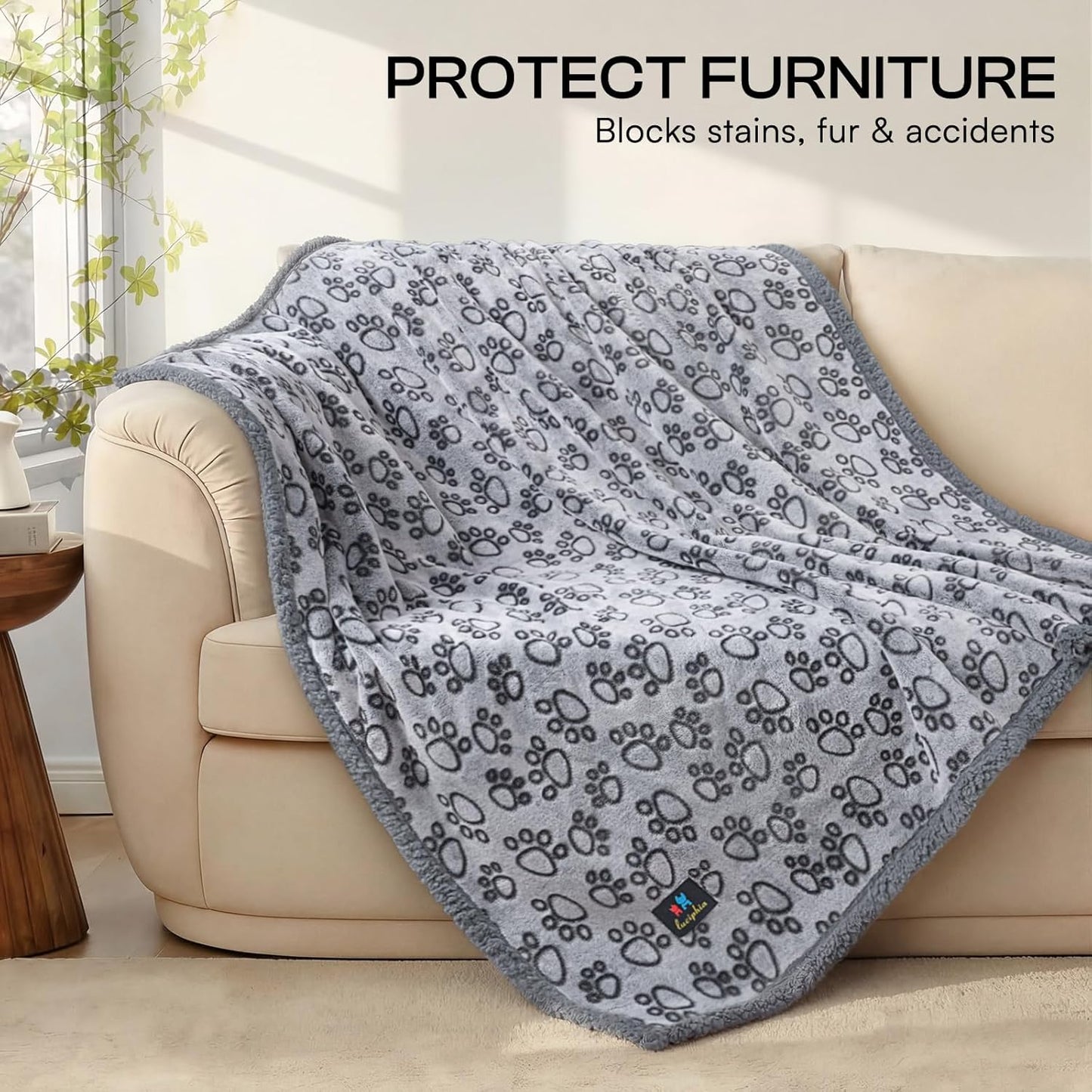 Luciphia Waterproof Pet Blankets for Couch Sofa Bed Cover Cat Liquid Pee Proof Washable Soft Fluffy Large Dog Blanket Reversible Furniture Protection Puppy Grey Paw Thicken Small（40" x 28"）