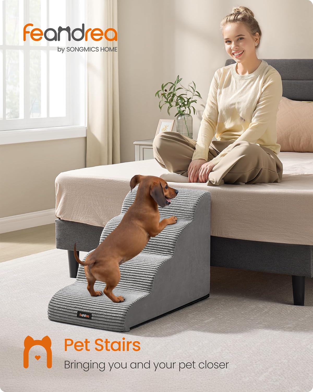 Feandrea 3-Step Dog Stairs, Dog Steps for Bed, Sofa, Waterproof Pet Stairs with Anti-Slip Designs, Gentle Slope, Removable Washable Cover, Handle, Dove Gray UPPS003G01