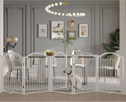 BHG Metal No-Assembly Freestanding Dog Gate with Door Walk Through, Extra Wide 144", Extra Tall 32" Pet Gate, Accordion Puppy Folding Playpen Dog Fence, with 2PCS Support (Black, 6 panesl)