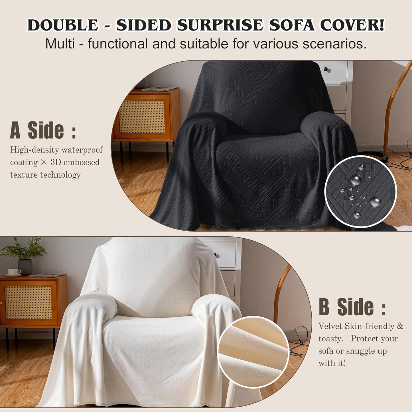 Waterproof Couch Cover, Reversible, Pet-Friendly, Washable and Anti-Slip Couch Covers for Sofa Protection with 3 Cushions, Sofa Slipcovers for Dogs and Cats (71×118in/Brown)