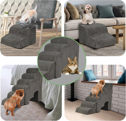 Dog Stairs for High Beds 30-36 inches Tall, 6-Step Dog Steps for Bed 32-36 inches for Small Large Dogs, Doggie Ramp for Bed, 30D Foam Pet Stairs for Old Dogs/Cats, Free-Installation, Grey