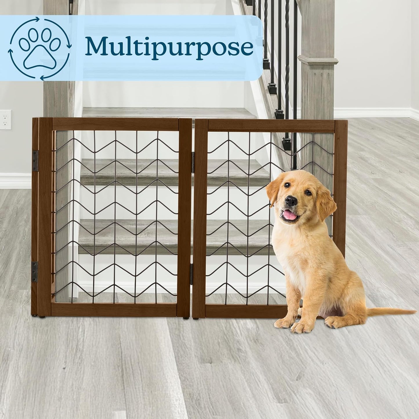 Freestanding Dog Gate - 3-Panel Foldable Indoor Pet Fence - 55x24-Inch Sturdy Metal and Wood Dog Gate - Pet Barrier for Stairs, Hallways, Doorways, or Small Openings by PETMAKER (White)