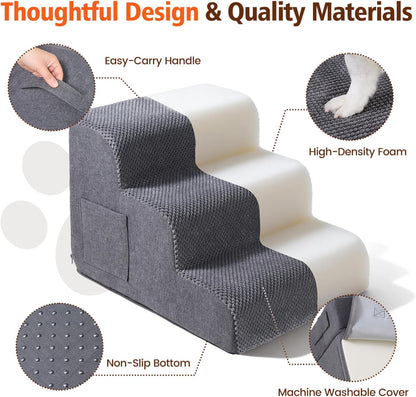 Dog Stairs for Small Dogs, 4-Step Dog Steps for Bed & Couch, High-Density Foam Pet Stairs, Non-Slip Indoor Pet Ramp, Washable Cover, Fits Beds up to 18.1", Grey