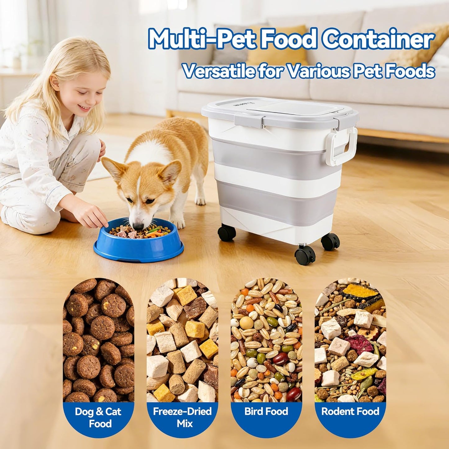 Dog Food Storage Container 30-40lbs, Airtight Pet Food Bin with Locking Lid & Clear Window, Collapsible Rolling Storage Container with Wheels & Scoop, Gray