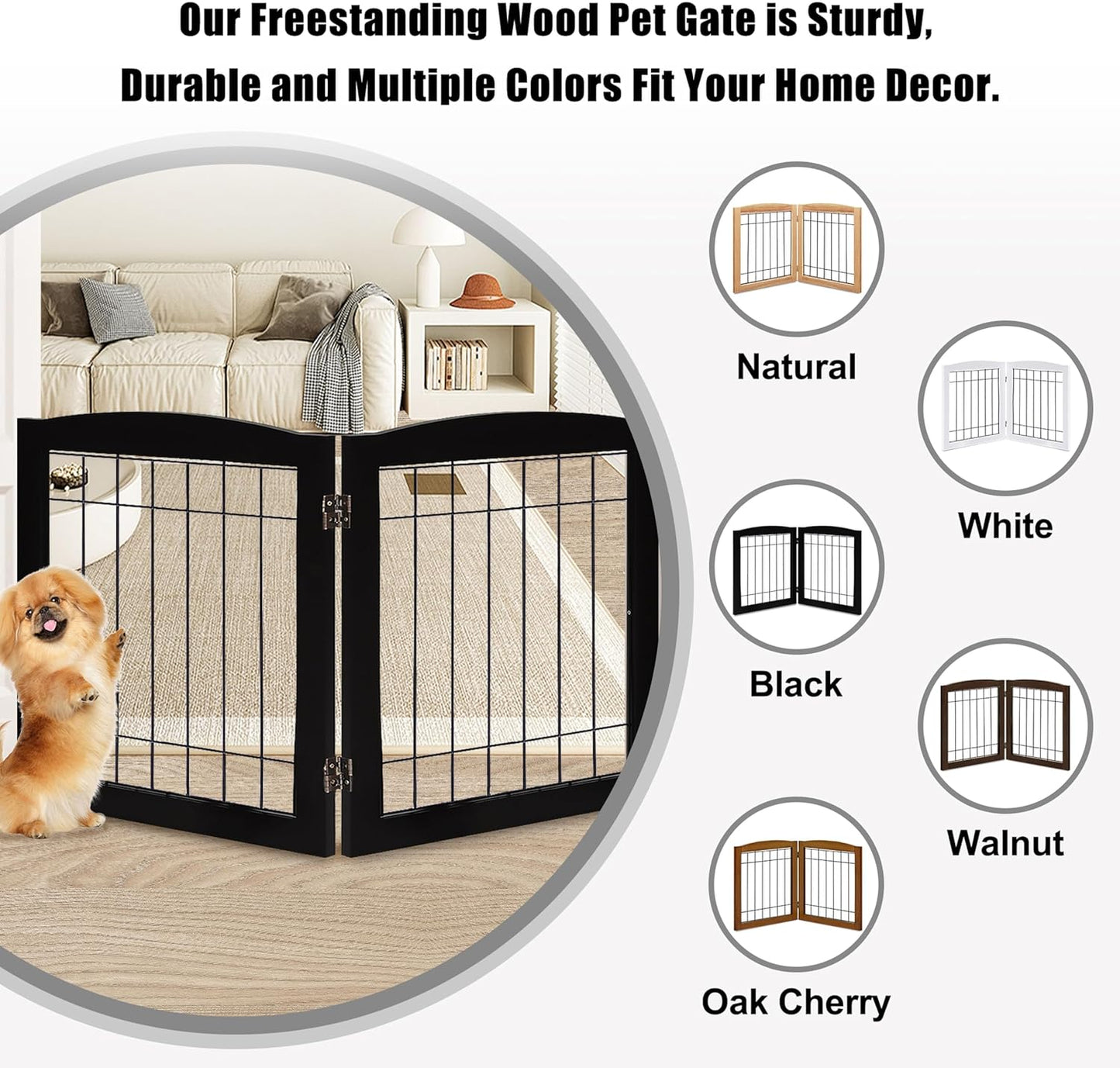 LZRS 2-Panel Freestanding Foldable Wood Dog Gate – Solid Wood & Steel Wire, Chew-Resistant Pet Barrier for Indoor Use, Ideal for Small to Medium Dogs, White