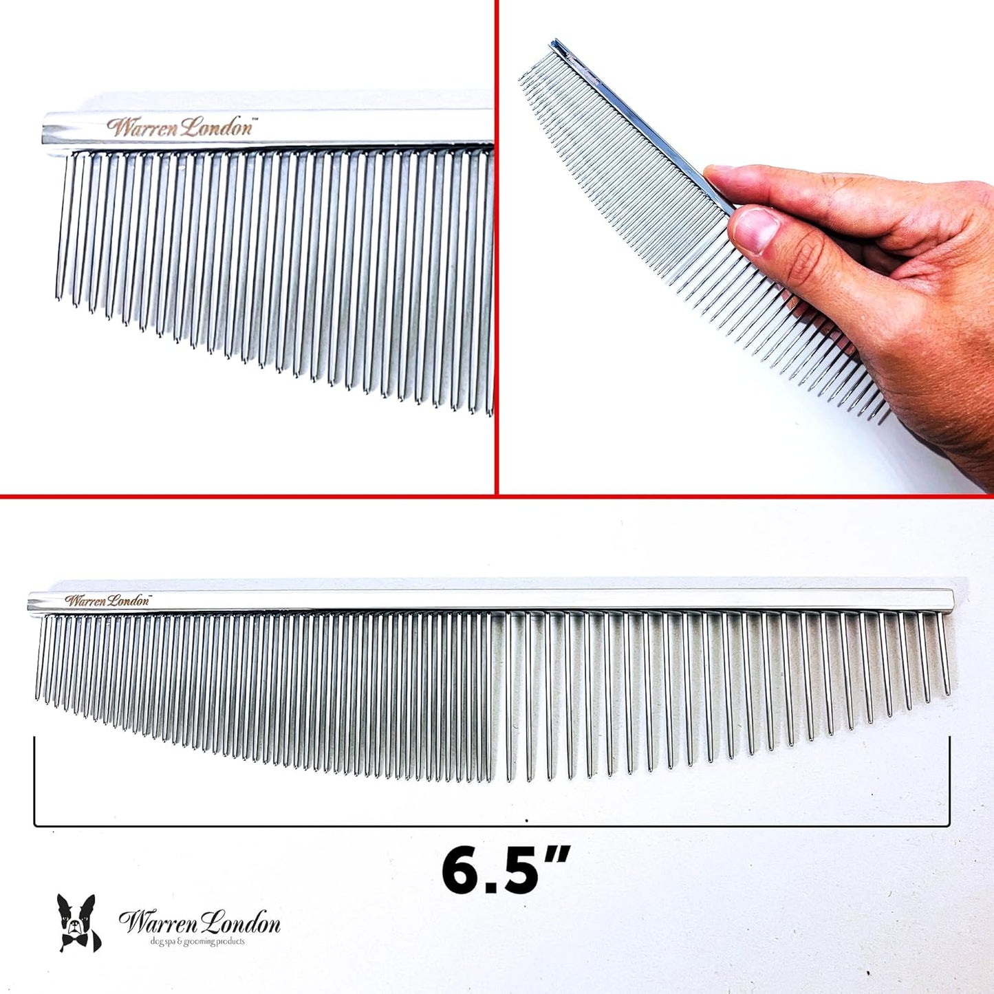 Warren London Detangling Strong Comb for Dogs | 10 inches | Comfort Control Durability and Detail for Small Medium Large Dogs | Ergonomic Dog Cat Grooming Pet Supplies Deshedding Mat Tool
