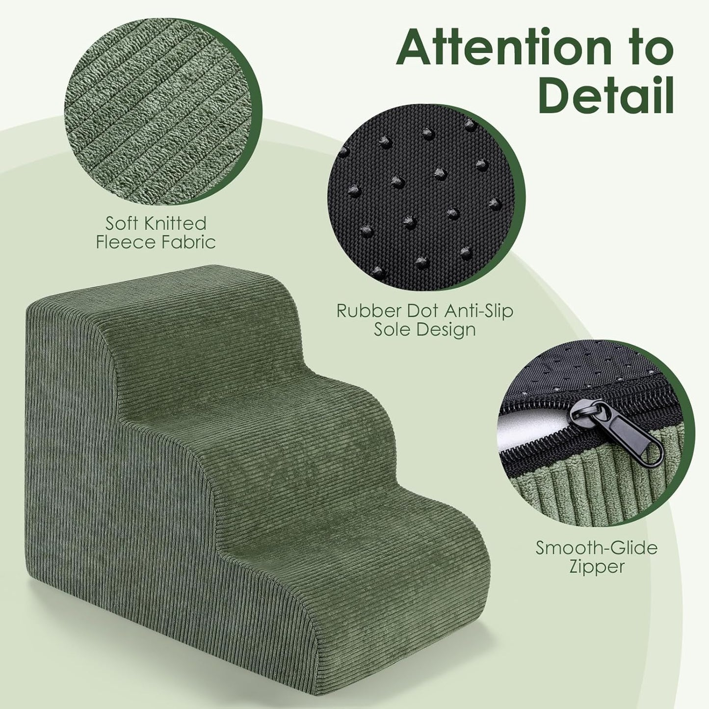 Dog Stairs for Bed 15" H, 3-Step Dog Ramp for Aged and Injured Dogs, Up to 50 Lbs Foam Pet Stairs for Small Dogs and Cats to Get on Couch or Chair, Non-Slip, Steady, Washable Cover, Green