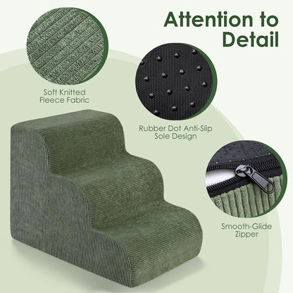Dog Stairs for Bed 15" H, 3-Step Dog Ramp for Aged and Injured Dogs, Up to 50 Lbs Foam Pet Stairs for Small Dogs and Cats to Get on Couch or Chair, Non-Slip, Steady, Washable Cover, Green