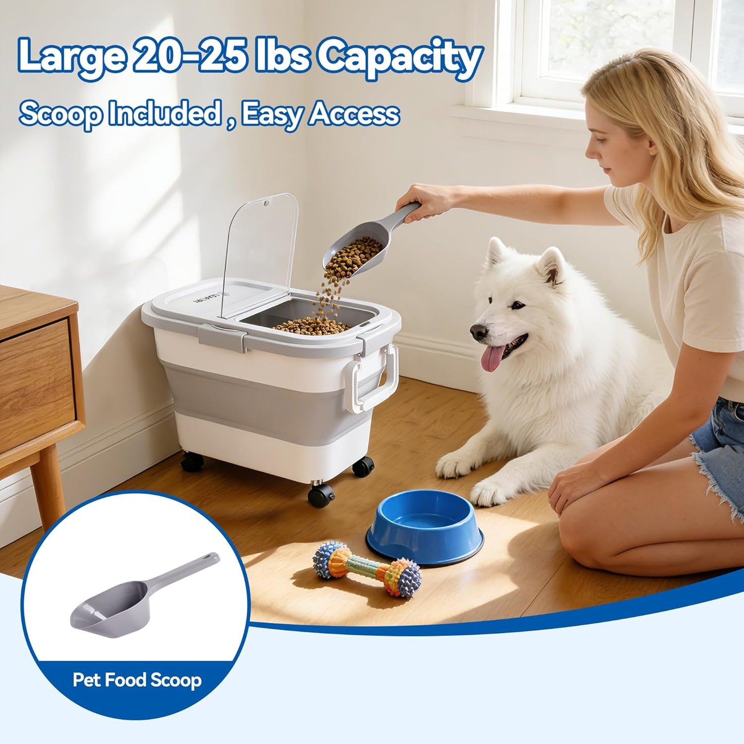 Dog Food Storage Container 30-40lbs, Airtight Pet Food Bin with Locking Lid & Clear Window, Collapsible Rolling Storage Container with Wheels & Scoop, Gray