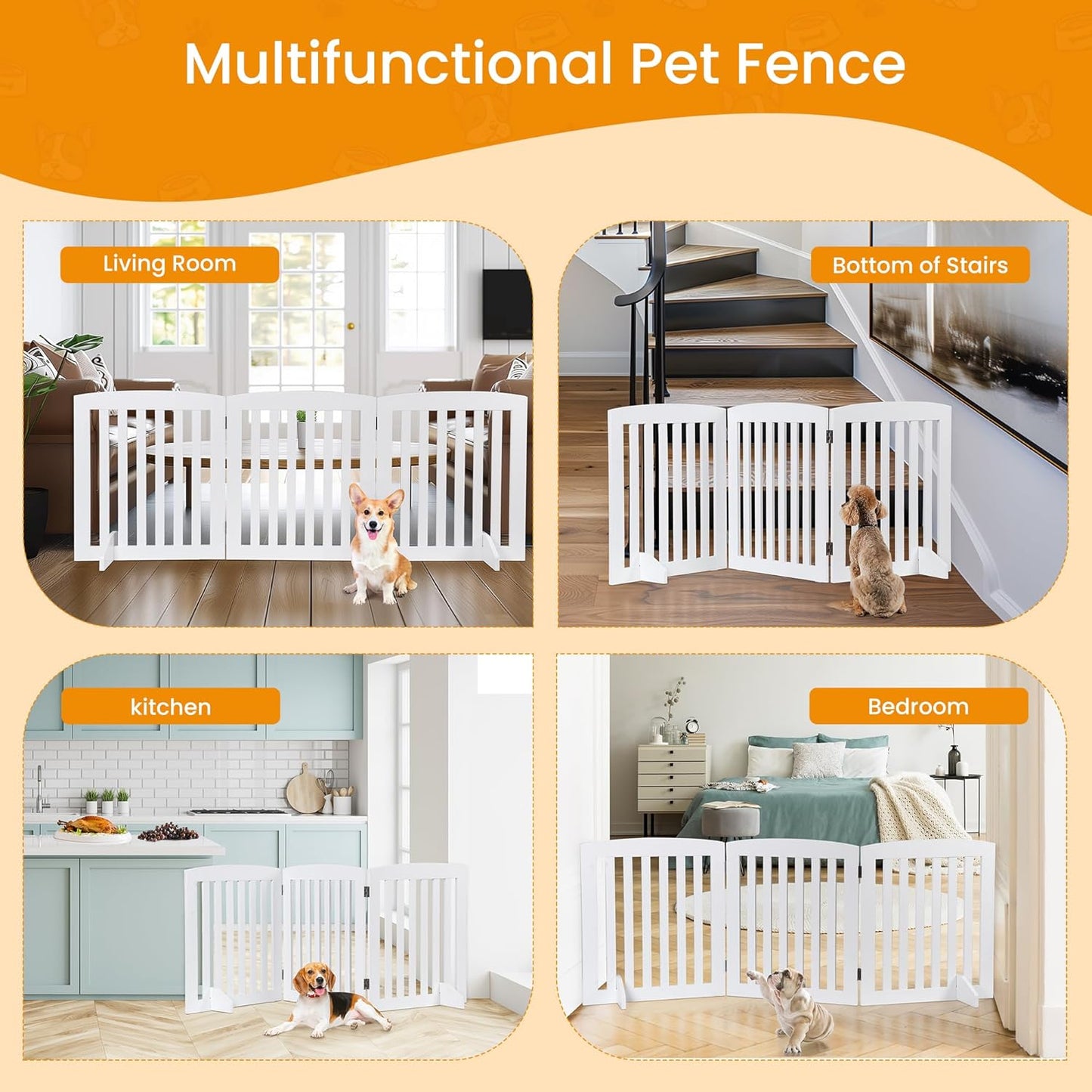 ZENY Freestanding Pet Gate for Dogs - 4 Panels Indoor Foldable Dog Fence for Stairs, Hallways, or Doorways - 82x24-Inch Freestanding Dog Gates, Brown