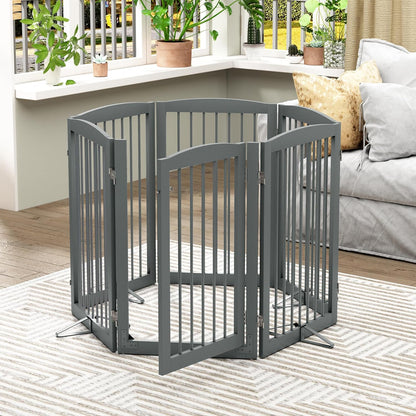 PUPETPO Freestanding Dog Gate with Door, Pet Gate for Stairs, 80 inch Wide Pet Barrier Indoor, Dog Fences Indoor, Support Feet Included, 4 Panels, 24" Tall, Dark Brown