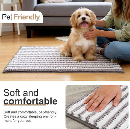 pobopobo Dog Door Mat for Muddy Paws - Absorbent & Washable Chenille Rug, Non-Slip Dirt Trapper for Indoor Outdoor Entryway, Quick Dry Pet Mat for Muddy Dogs (Striped Gray-Blue&White, 24" x 16")