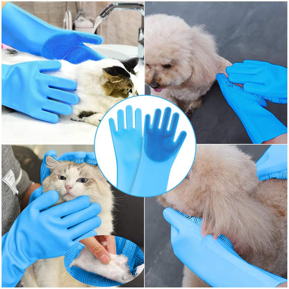 High-Density Silicone Pet Grooming Gloves with Enhanced Five Finger Design for Bathing, Massaging Dogs and Cats (Blue)