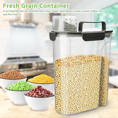 Viretec Rice Airtight Storage Container, 3 to 5Lbs Cereal Dry Food Flour Bin, Pet Dog Cat Food Dispenser with Measuring Cup, BPA Free Clear Plastic Kitchen and Pantry Organization Bin for Sugar