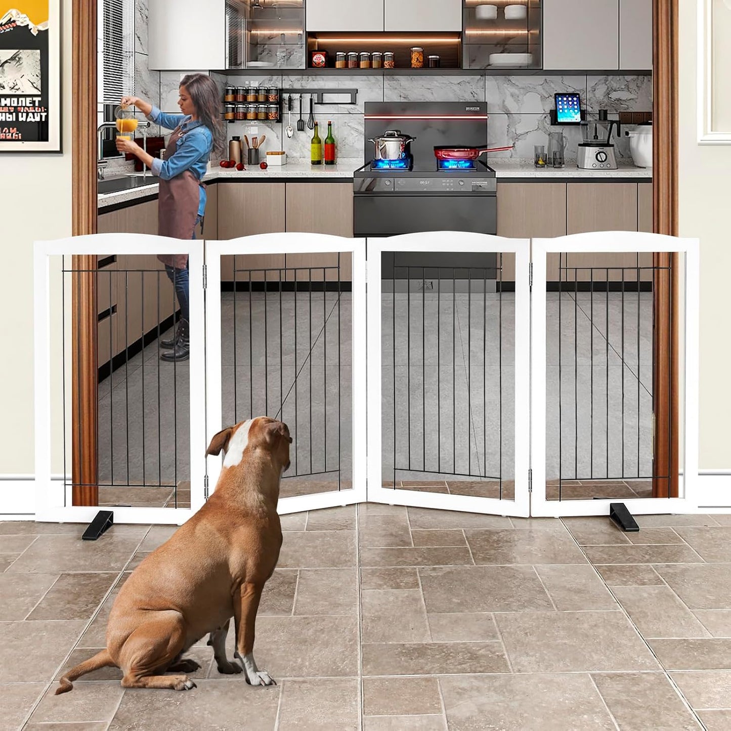 ZJSF Freestanding Dog Fence Indoor, Foldable Dog Gate for Doorways, Stairs or Hallways, Sturdy Wood Extra Wide Pet Gate with Support Feet for The House, White, 24 "Height-3 Panels
