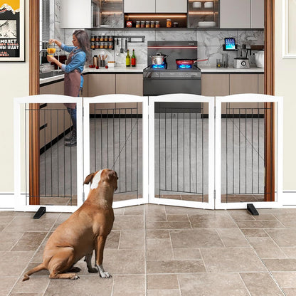 ZJSF Freestanding Dog Fence Indoor, Foldable Dog Gate for Doorways, Stairs or Hallways, Sturdy Wood Extra Wide Pet Gate with Support Feet for The House, White, 24 "Height-3 Panels