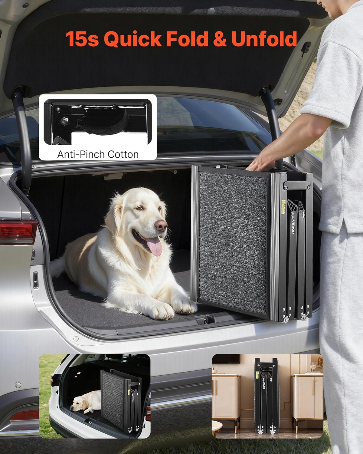 VEVOR Dog Ramp for Cars, 63" L x 17" W, Folding Pet Ramps for Medium & Large Dogs up to 250lbs, Pet Stair Ramp with Non-Slip Felt Rug Surface, Portable Outdoor Dog Car Ramps for SUV & Truck