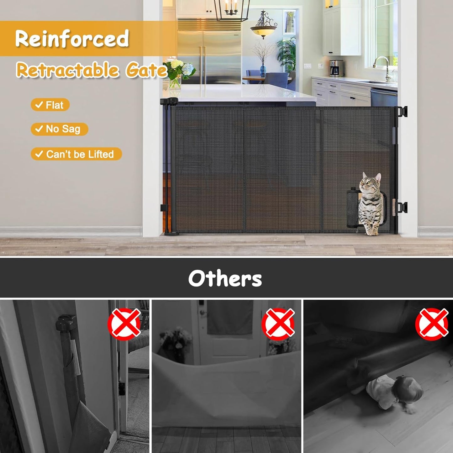 Reinforced 60” Wide Retractable Dog Gate with Cat Door Gates for Pets with Reinforced Strips 33” Tall Mesh Baby Gate Retractable Pet Gates for Dogs Indoor with Door Cats Can in and Out Freely, Gray