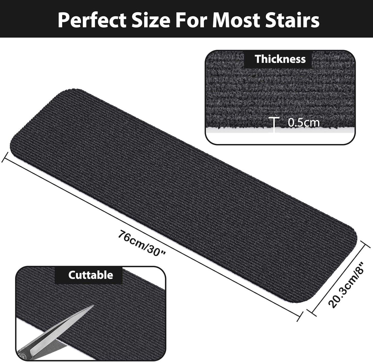 Fixmend Stair Treads Non Slip for Wooden Steps, 8" X 30" (15-Pack) Stair Runner Carpet Treads Indoor with Reusable Adhesive, Stairslide Carpets Rugs Safety Mats for Elders, Kids & Dogs, Dark Grey Leaf