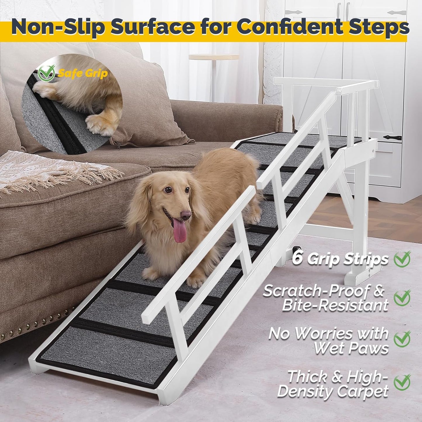 Dog Ramp for Bed or Couch, Wooden Pet Ramp with 20° Gentle Slope, Removable Side Rails, Non-Slip Surface, Top Platform & Wheels, Safe Bed Ramp for Small, Large & Senior Dogs, 60" Long, Mahogany