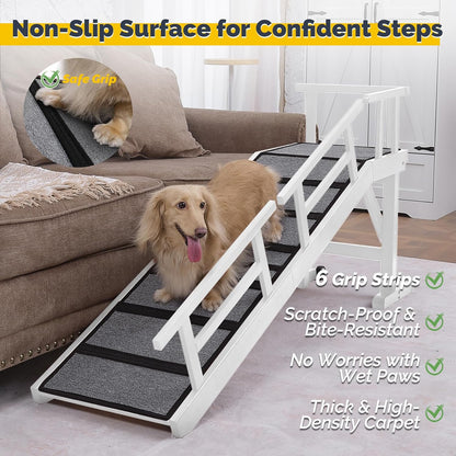 Dog Ramp for Bed or Couch, Wooden Pet Ramp with 20° Gentle Slope, Removable Side Rails, Non-Slip Surface, Top Platform & Wheels, Safe Bed Ramp for Small, Large & Senior Dogs, 60" Long, Mahogany