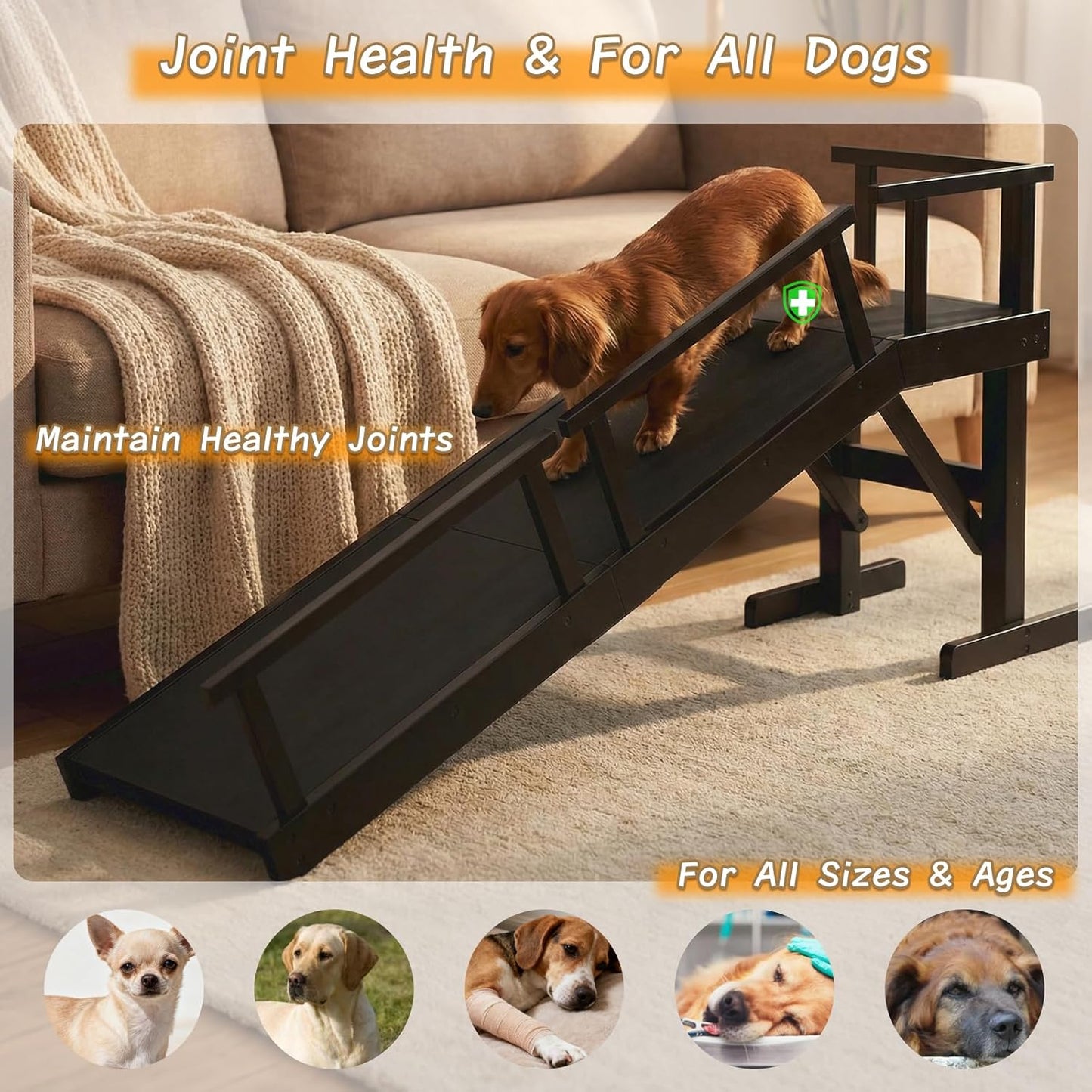 61" Dog Ramp for Bed with Rest Platform & Glow Strips, 20° Gentle Slope, EVA Non-Slip Surface, Removable Safety Rails, Birchwood Solid Wood, for Small, Large & Senior Dogs, Joint Protection, Black
