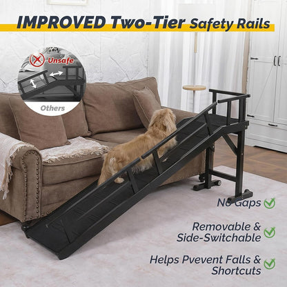 Dog Ramp for Bed or Couch, Wooden Pet Ramp with 20° Gentle Slope, Removable Side Rails, Non-Slip Surface, Top Platform & Wheels, Safe Bed Ramp for Small, Large & Senior Dogs, 60" Long, Mahogany