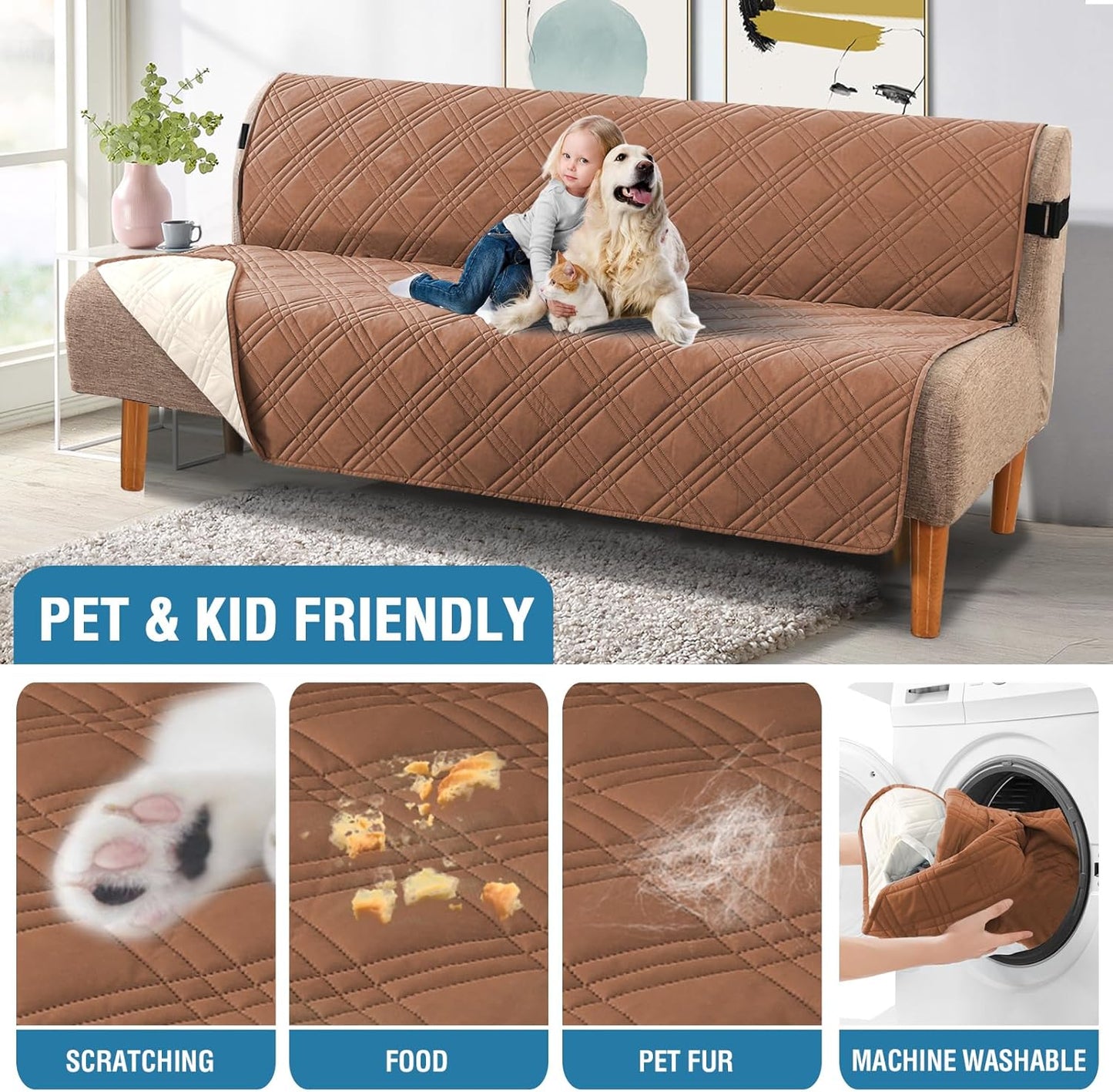 H.VERSAILTEX 100% Waterproof Slipcovers for Couches and Sofas Modern Pet Couch Cover Thick Soft Furniture Protector with Elastic Straps(Sofa, Lily Pad/Beige)