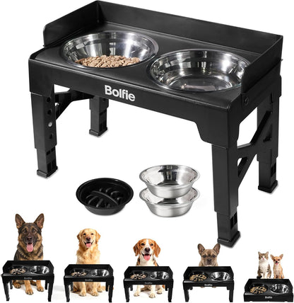 Elevated Dog Bowls for Small Medium Large Dogs 5 Adjustable Heights, 2-in-1 Raised Dog Feeder with 2 Stainless Steel Bowls & Slow Feeder, No Spill Pet Food Water Bowl Stand with Non-Slip Base