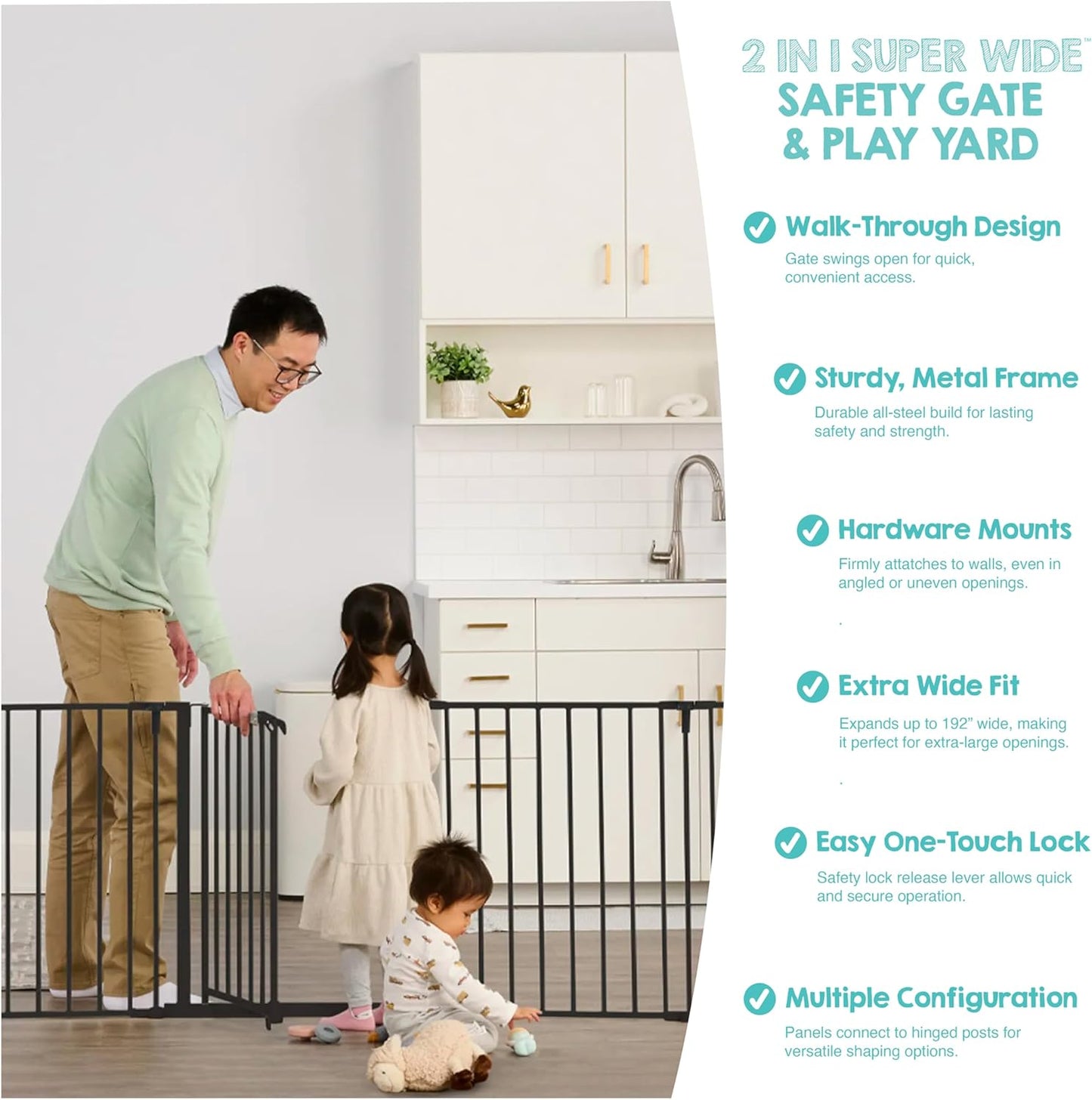 Regalo Safety 28"-76” Super Wide Configurable Baby Gate for Doorways & Open Spaces, 3-Panel Wall Mounted Safety Gate with Door for Babies, Toddlers & Pets, Includes Wall Mount Hardware