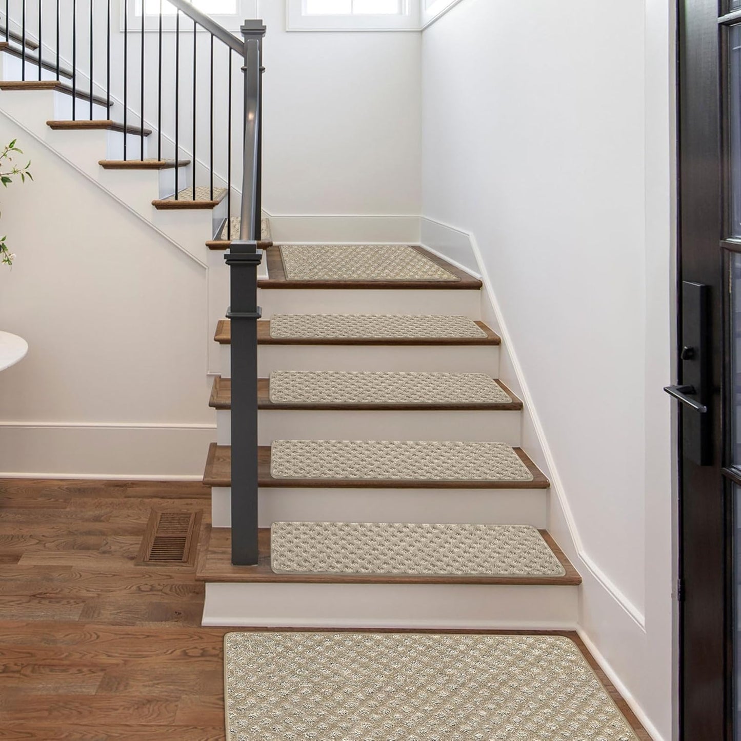 PURE ERA Bullnose Carpet Stair Treads Set Tape Free Non-Slip Indoor Stair Protectors Pet Friendly Rugs Covers Soft Skid Resistant Washable Reusable 9.5" x 30"(14 Pieces,Cream Gray)