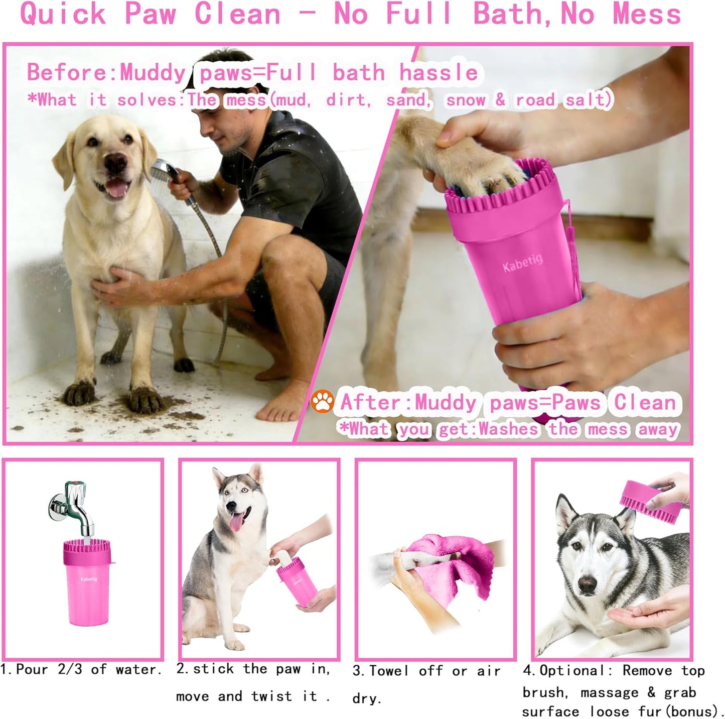 Dog Paw Cleaner Kit for L/XL Dogs - Quick Clean No Full Bath, 2-in-1 Paw Wash Cup with Detachable Silicone Brush Head, Includes Bath Brush & 3 Absorbent Towels, Blue
