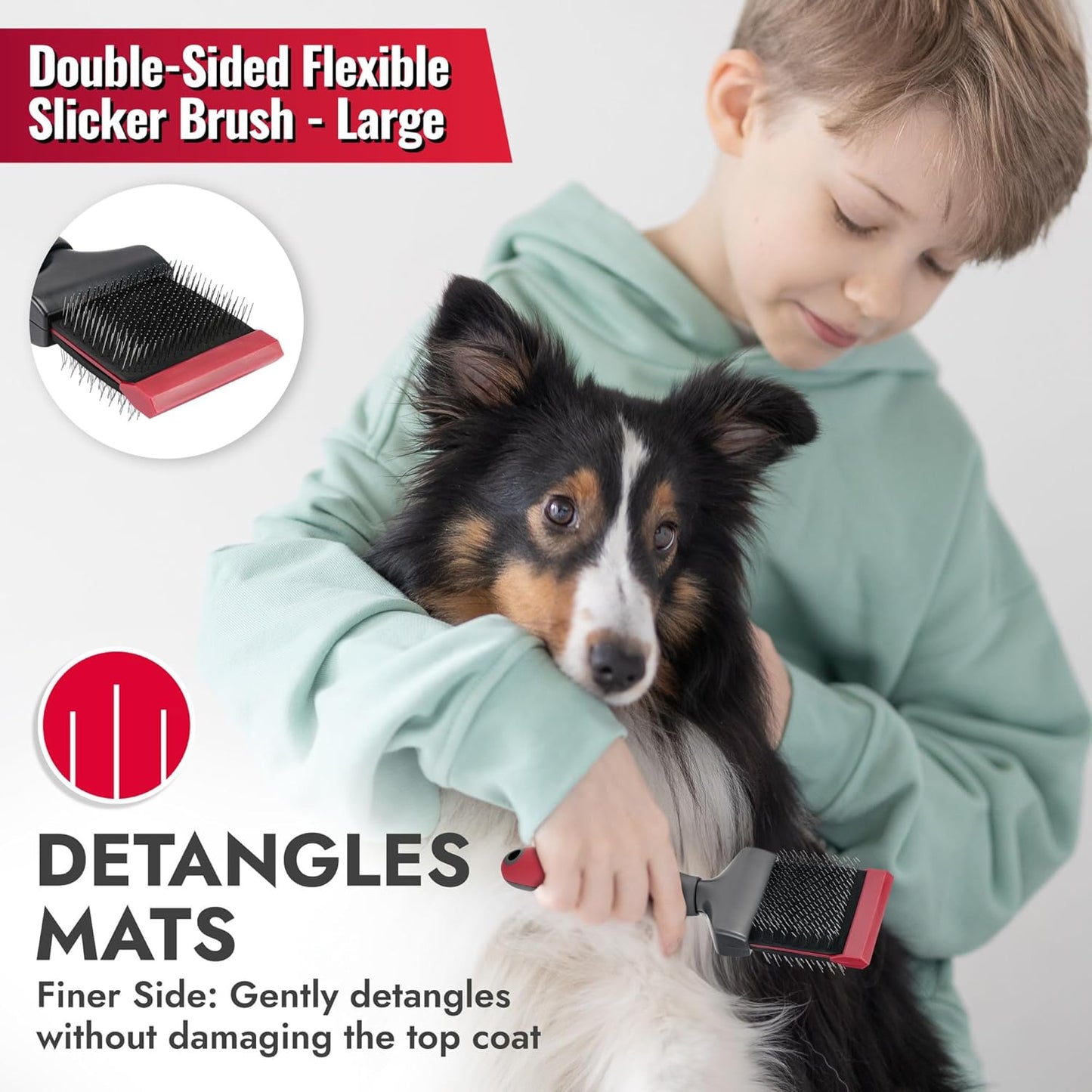 KONG Double-Sided Rake & Deshedding Tool – Detangling & Shedding Control, Rounded Metal Tips, Non-Slip Grip, for Medium to Large Dogs with Medium to Long Coats, Red/Gray