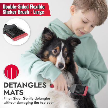 KONG Double-Sided Rake & Deshedding Tool – Detangling & Shedding Control, Rounded Metal Tips, Non-Slip Grip, for Medium to Large Dogs with Medium to Long Coats, Red/Gray